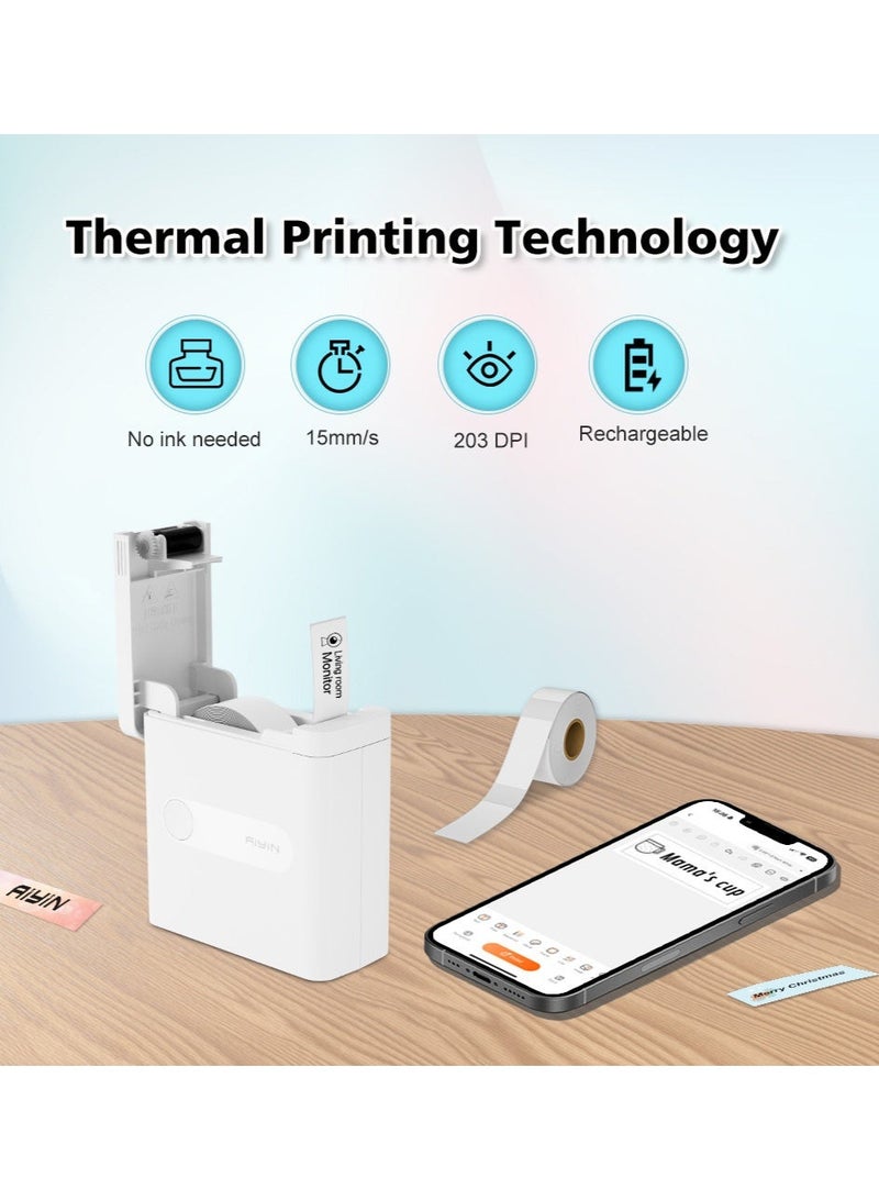 آيين طابعة ملصقات محمولة بتقنية البلوتوث، طابعة ملصقات حرارية صغيرة مطورة مع تطبيق وقوالب جاهزة | عرض طباعة 15 مم لتنظيم المنزل والمطبخ والمكتب | تتضمن لفة واحدة (125 ورقة) من ورق الملصقات الأبيض مقاس 15*40 مم - Image 3